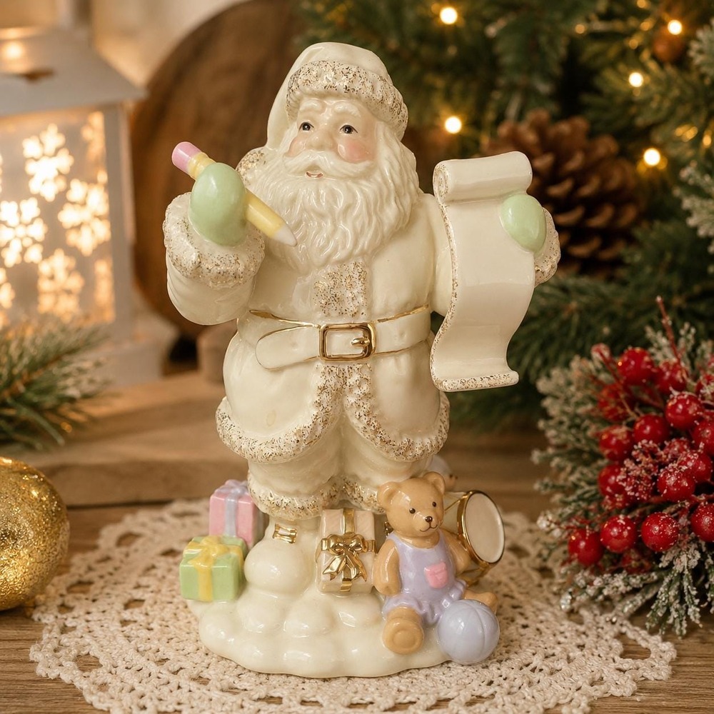 Lenox Santa Figurine Naughty Nice List Pencil Teddy Bear Christmas 8" Porcelain